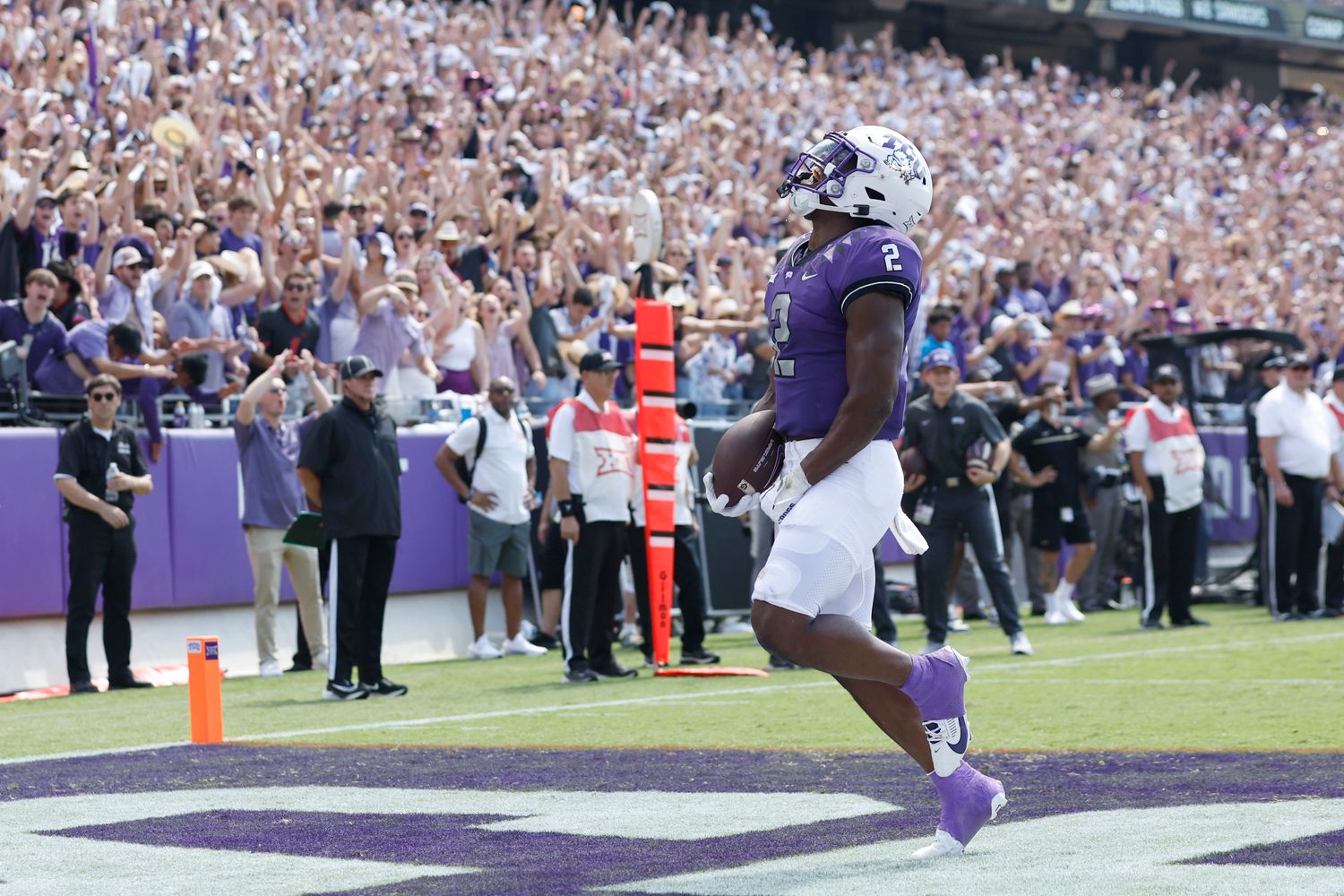 Sep 2, 2023; Fort Worth, Texas, USA; TCU Horned Frogs running back Trey Sanders (2) scores a touchdown in the second quarter against the Colorado Buffaloes at Amon G. Carter Stadium.